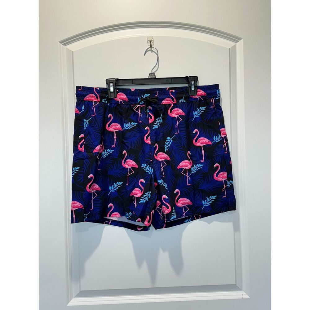 NWT Brisira Blue Flamingo Print Swim Trunks Size XL